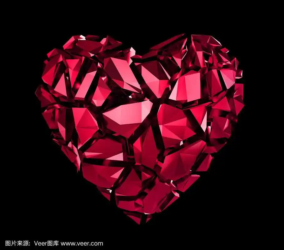 破碎的红色水晶心孤立在黑色的背景