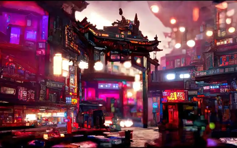 disco diffusion ai绘画 赛博朋克 唐人街