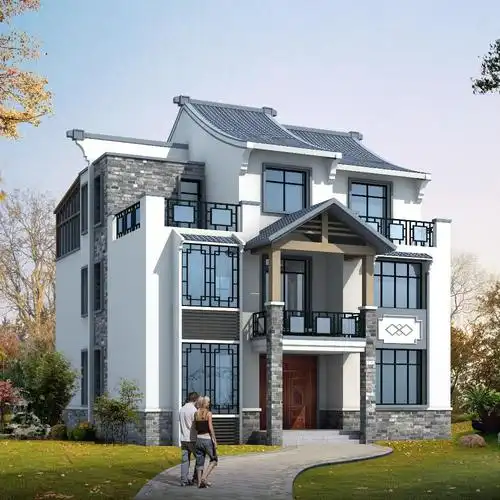 别墅效果图及施工图农村三层房子设计图纸中式风格别墅图纸鼎川建筑