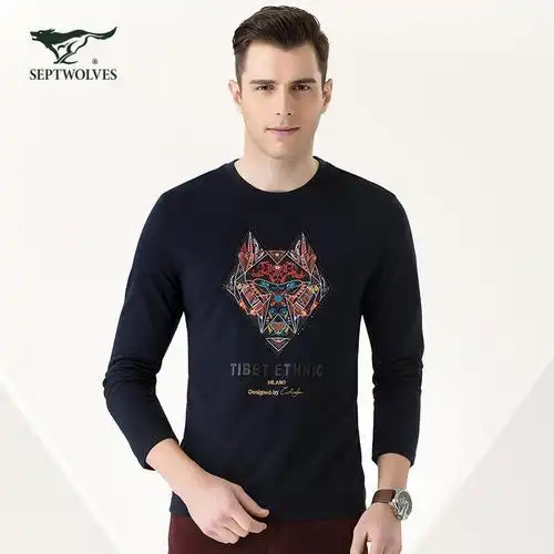 q七匹狼狼文化时尚休闲长袖狼图腾印花长袖t恤男视频