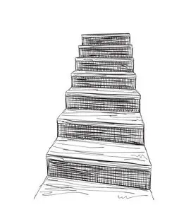 侧面的年轻商人与旅行公文包跑上画楼梯在混凝土墙上与创意商业素描.