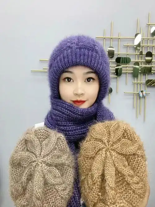松鼠绒帽子围脖一体针织帽纯手工编织洋气