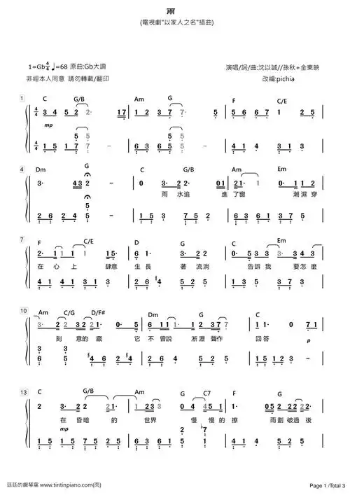 简谱沈以诚雨电视剧以家人之名goaheadost插曲附歌词和弦