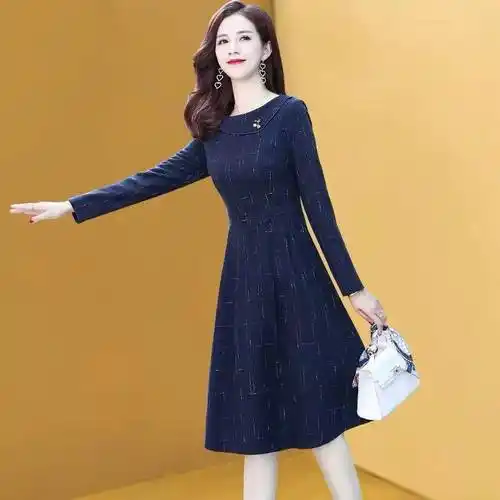 唯品会特卖女装特价清仓高端大牌蓝色连衣裙秋装半高领七分袖裙子