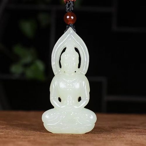 新疆和田玉观音吊坠 天然玉石青白玉镂空莲花佛光观音挂坠