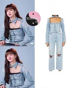 青春有你lisa同款牛仔上衣露脐短款跳舞蓝色衬衫镂空一字领长袖女