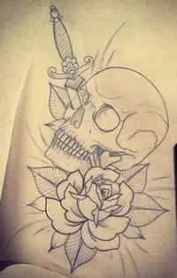 school骷髅玫瑰纹身图案手稿