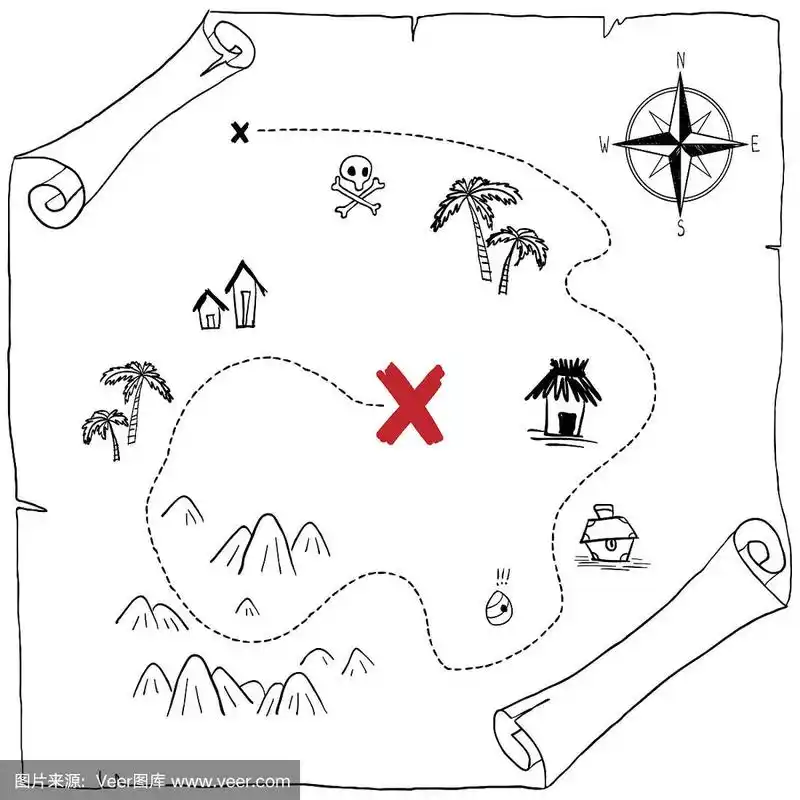 海盗藏宝图手绘卡通黑墨孤立上白,掌心在荒岛十字路口寻找金箱子,玫瑰