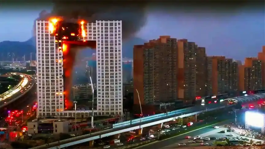 辽宁大连凯旋国际大厦高层起火烈焰焰楼黑烟弥漫.灾难令人揪心