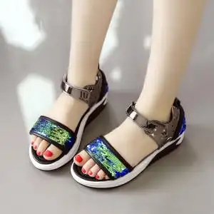 2019夏季新款女童凉鞋时尚小女孩魔术贴沙滩鞋中大童亮片公主鞋潮