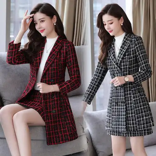 毛呢套装两件套2019新款套装裙韩版修身加厚格子外套气质套裙女优惠券
