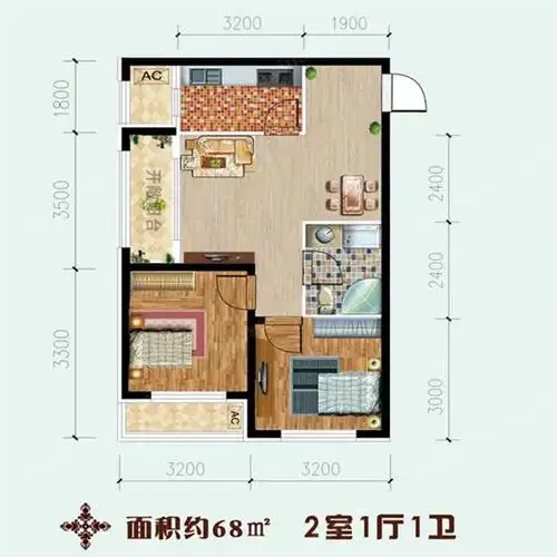 高层68平两室一厅一卫g3户型
