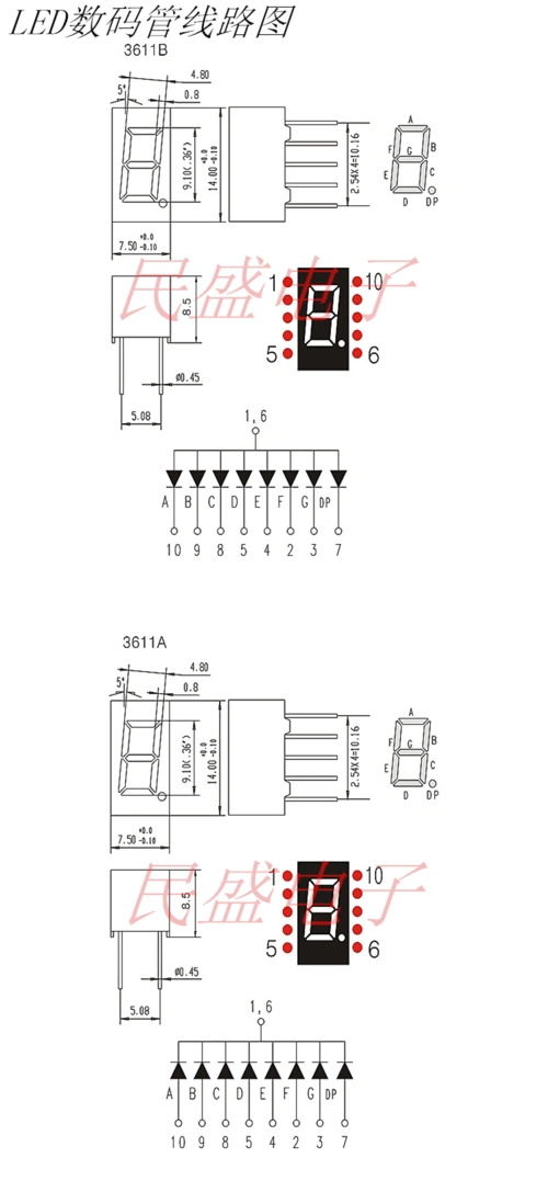 0.36英寸 一位led数码管 1位红色 共阴 3161as/ah 共阳 3611bh/bs
