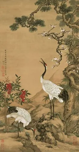 沈铨sq 松梅双鹤图字画作品