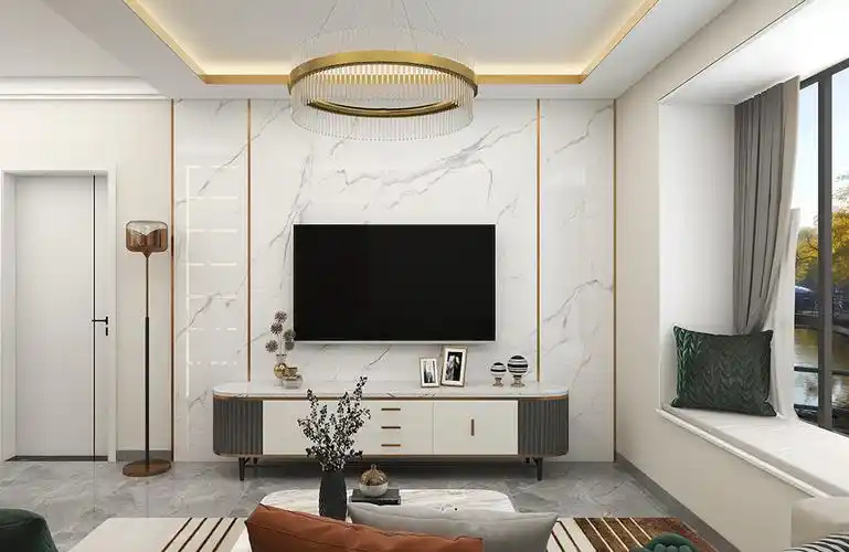 两居室现代简约客厅装修实景图片欣赏-轻奢风格客厅瓷砖电视背景墙