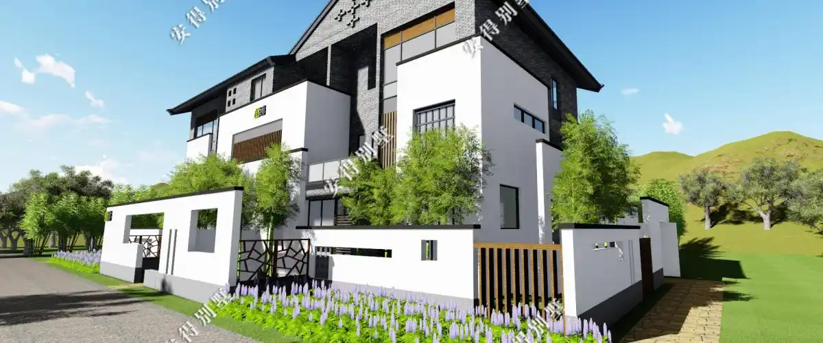 农村新中式别墅青砖白墙大露台有花有草有庭院