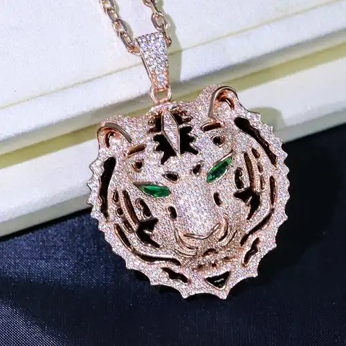 虎年老虎头吊坠s925纯银镀18k金项链男女士项坠动物女毛衣链欧美