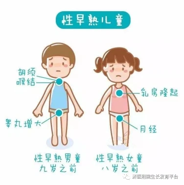 乳房发育,子宫发育,外阴发育,阴毛发育;男孩:睾丸发育,阴茎发育,阴毛