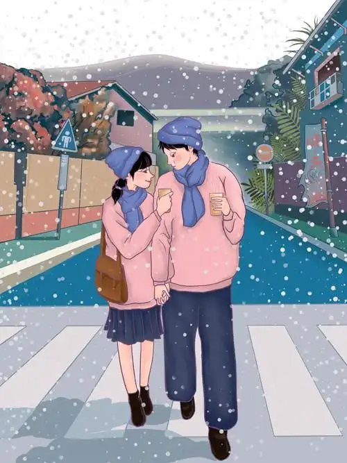 甜蜜情侣下雪爱情插画