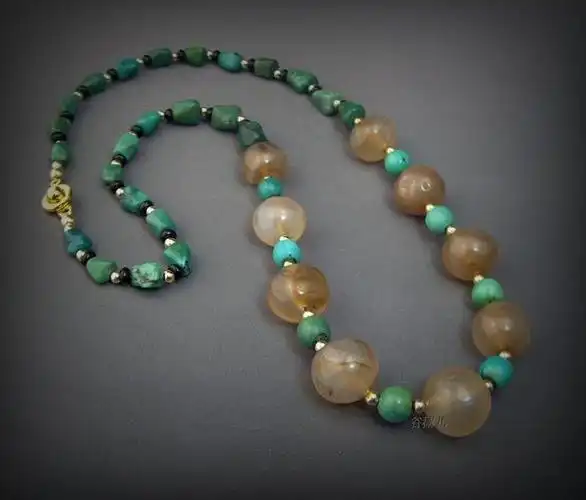 唐代玛瑙球形珠藏传天然老绿松石精品项链古董古玉老玉清新又温馨