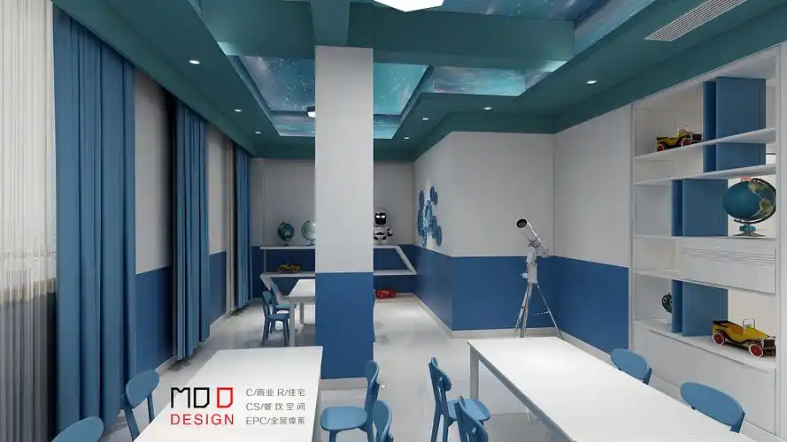 科技教室 运用了蓝色元素,蓝色非常纯净,通常让人联想到海洋,天空,水