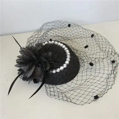 厂家直销欧美女士小礼帽珍珠复古帽子头饰品羽毛发饰新娘网纱头饰