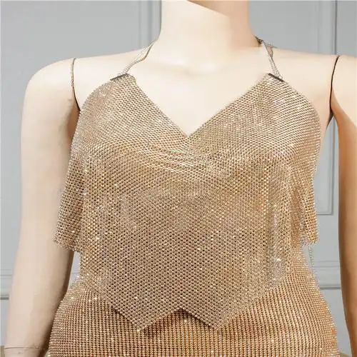 铝片衣服金属水钻系链吊带背心性感衣服比基尼镶钻金属钻石舞台装
