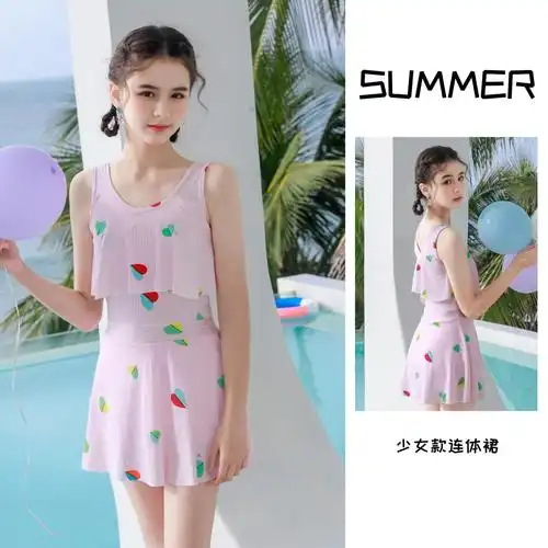 新款2023夏儿童连体泳衣女韩版少女运动款游泳馆泡温泉平角裤泳装