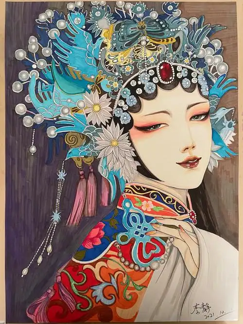 国粹京剧花旦马克笔临摹示范画