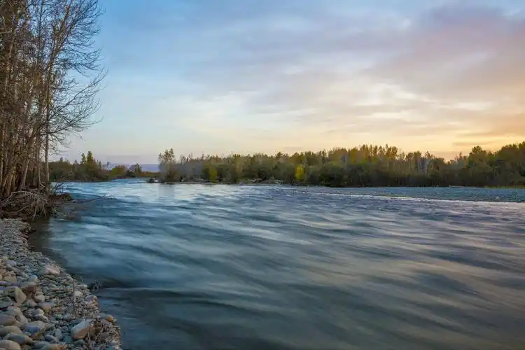 哈巴河早晨透过白桦林的晨光和急速流淌的哈巴河水,在这里练习了如何