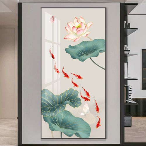 九鱼图玄关装饰画新中式入户走廊过道壁画竖版轻奢大气正对门挂画