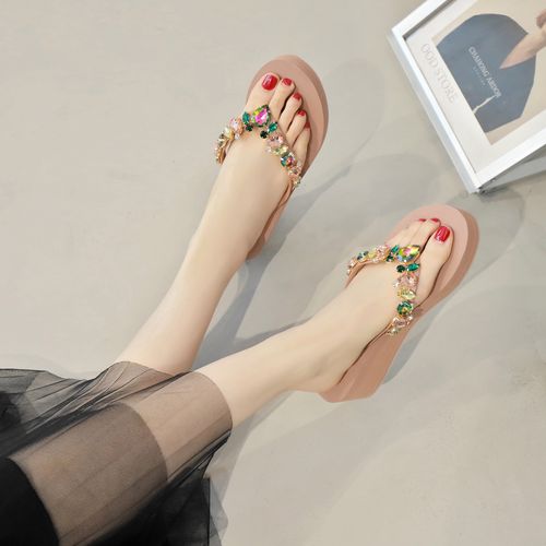 坡跟人字拖女夏季2022外穿韩版彩钻防滑厚底沙滩鞋时尚夹脚凉拖鞋