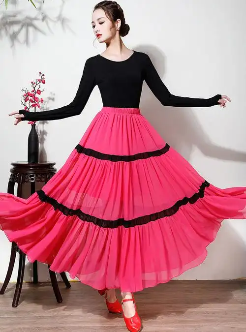 广场舞服装新款套装莫戴尔上衣跳舞衣雪纺大摆裙长裙表演舞蹈服 黑