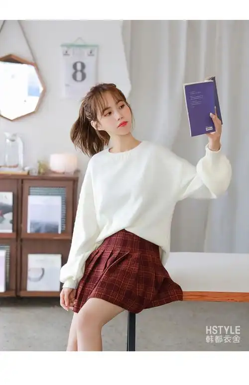 韩都衣舍2020春韩版格子高腰百褶裙短款裤裙半身裙女du9274樱