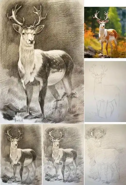 鹿04的画法附过程图  见鹿者喜.#素描#素描动物#素描教程 - 抖音