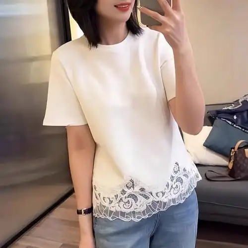 40支螺纹1x1夏季新款圆领蕾丝拼接短袖t恤女