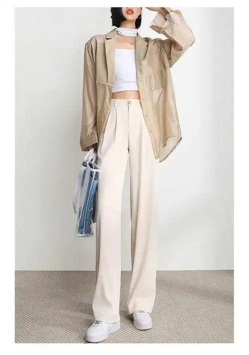 杏色阔腿裤女夏季高腰宽松显瘦新款垂坠感直筒拖地休闲西装裤sn4847