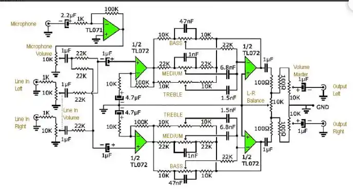 立体声控制组件列表集成电路tl072:2tl071:1电阻器全部 1/4w22k欧姆