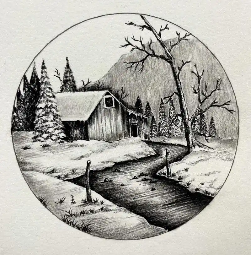 素描风景画.雪景很美,你喜欢吗!很清晰的雪景步骤,周末练起来 - 抖音