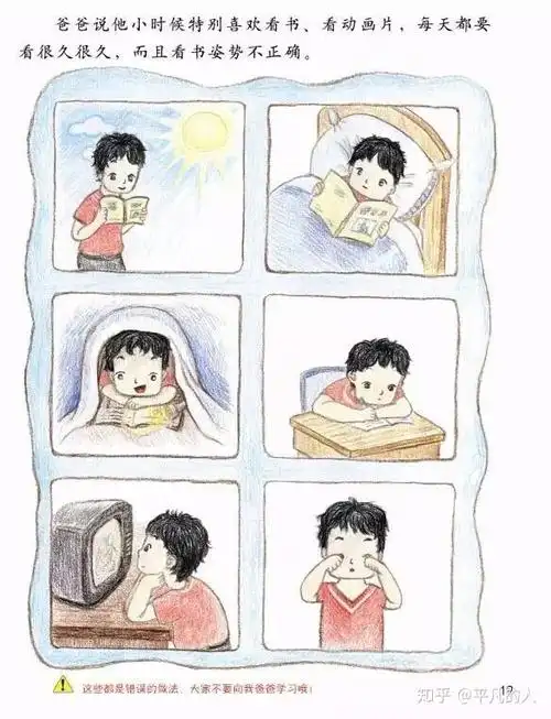 爸爸说他小时候看书姿势不正确,没有很好地保护好眼镜所以近视了,需要