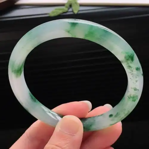 天然翡翠冰糯种冰飘绿花宽边手镯584mm