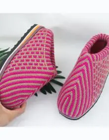 纯手工毛线编织保暖棉鞋棉拖鞋防滑保暖耐磨底男女成人成品 拼色玫红6