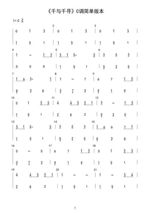 【钢琴】千与千寻c调简单版(简谱)