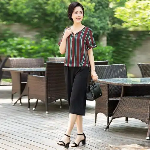 福玛玛夏季新款妈妈装中老年女装夏装条纹t恤百搭休闲裤套装