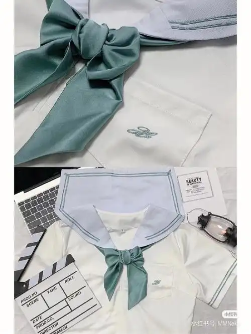 筱山夏超清新的水色条纹水手服~薄荷绿襟线和同色领巾也非常特别!