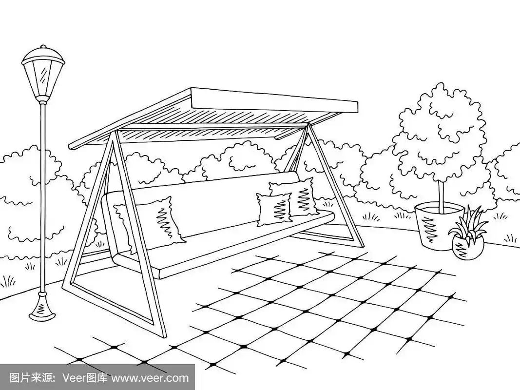 花园秋千图形黑白景观素描插图矢量