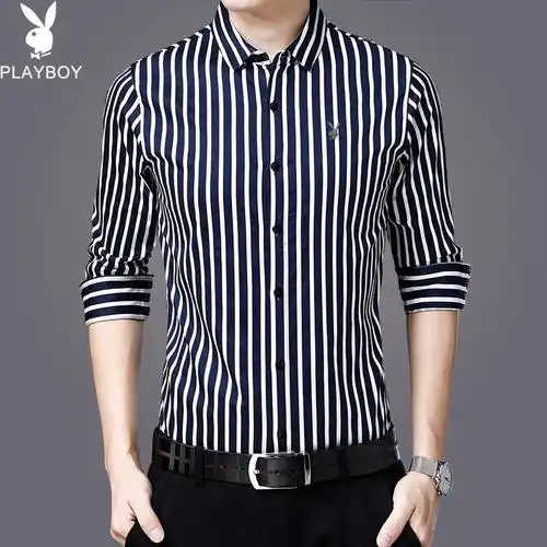 花花公子2018秋季条纹衬衫长袖中年男士爸爸商务衬衫