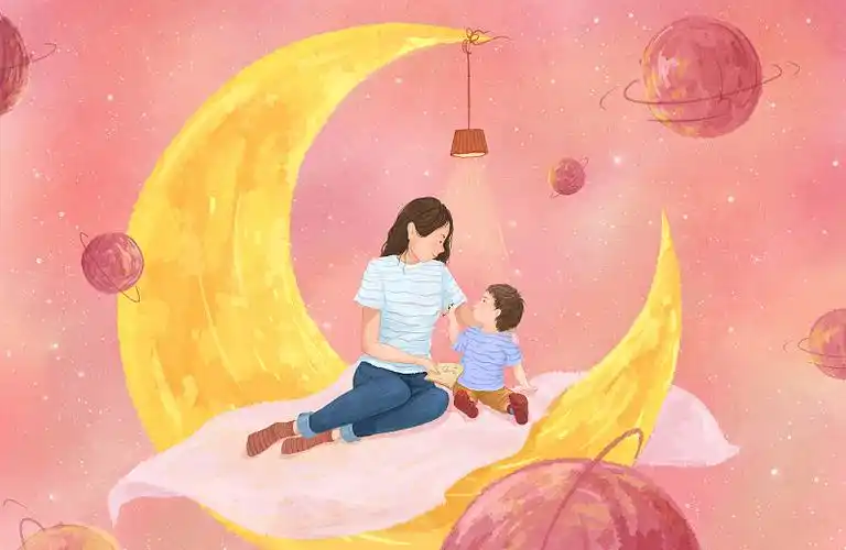 月亮上的母女背影温馨母亲节插画紫色2