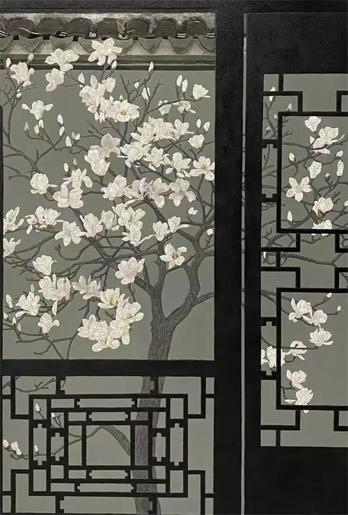 李寅语《玉兰花开》漆画