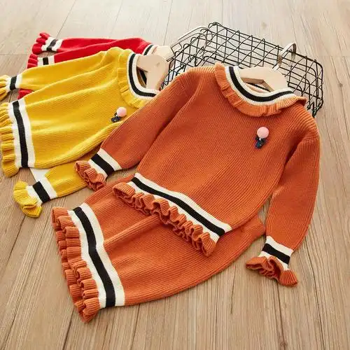 2019女童秋装新款儿童针织衫童装毛衣条纹拼色褶皱花边两件套代发